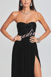 Metallic Sexy Tube Top Pleated High Slit Maxi Dress