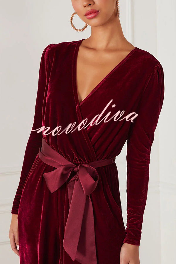 Love One Another Velvet Bow Belted Pocket Cutout Back Loose Jumpsuit