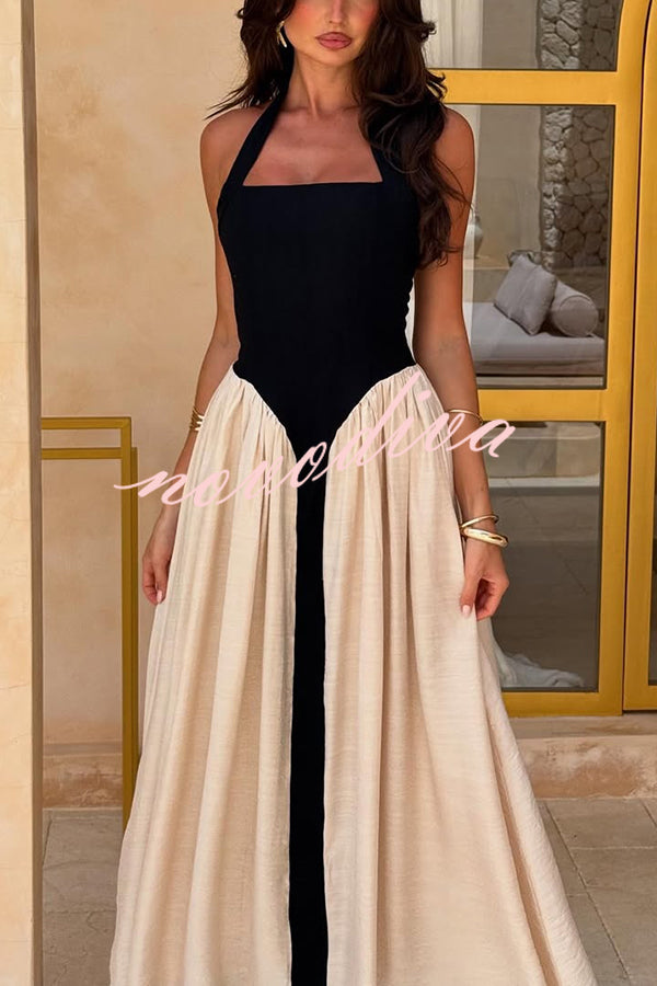 Fashion Contrast Color Stitching Sleeveless Backless Slim Maxi Dress