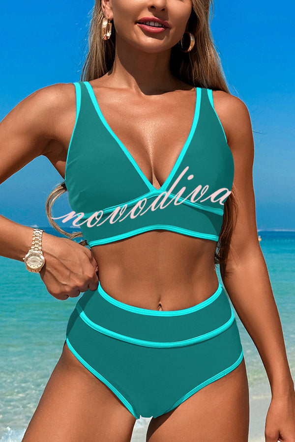 Solid Color Contrast High Waist Stretch Bikini Swimsuit