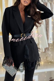 Spiced Muse Lace Trim Button Up Long Sleeve Lapel Blazer