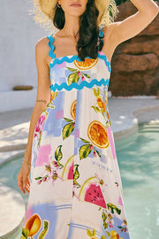 Vivi Fruit Floral Print Wave Pocket Maxi Dress