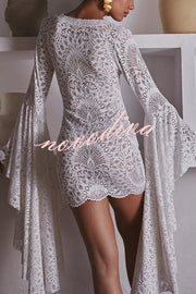 Coachella Time Unique Lace Pattern Oversized Bell Sleeve Stretch Mini Dress