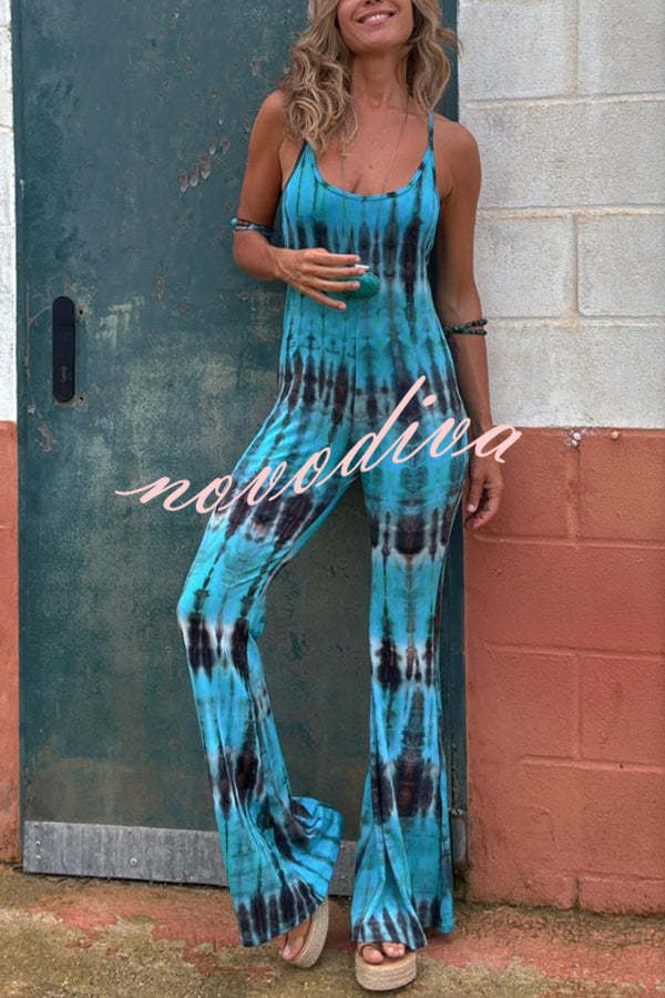 Exclusive Style Tie-dye Print Backless Tie-up Stretch Flared Jumpsuit