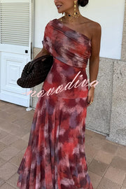 Unique Printed Off-the-shoulder Waisted Holiday Maxi Dress