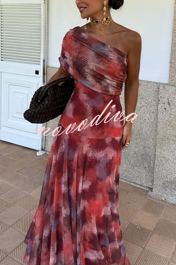 Unique Printed Off-the-shoulder Waisted Holiday Maxi Dress
