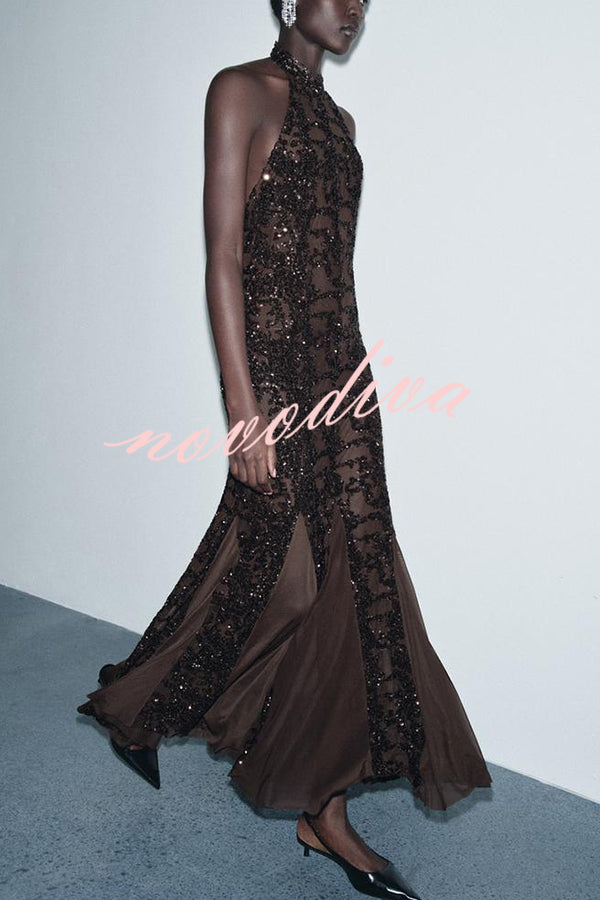 Twilight Gleam Sequin Textured Tulle Hem Halter Backless Maxi Dress