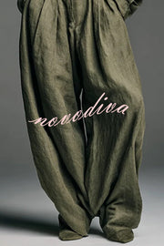Linen Blend Lapel Long-sleeved Casual Shirt and High-waist Pocket Loose Wide-leg Pants Set