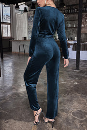 Solid Color Velvet Deep V Belt Slim Jumpsuit