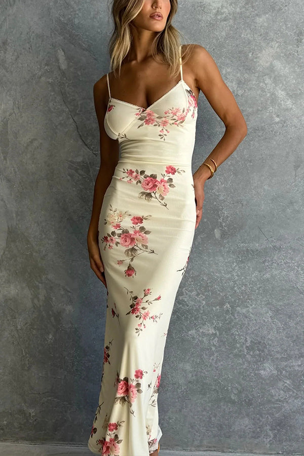 Reveling in The Unknown Floral Print Slip Stretch Maxi Dress