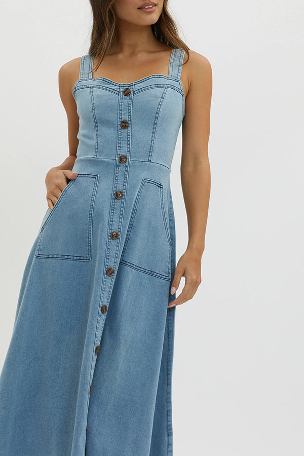 Solid Color Suspender Pocket Button Slim Denim Midi Dress