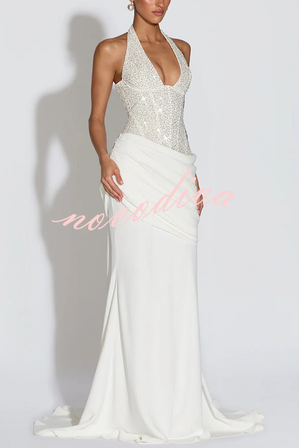 Exclusive Declaration Sequin Halter Neck Back Lace-up Ruched Hem Maxi Dress