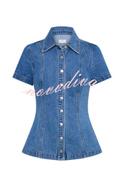 Modern Flavor Denim Short Sleeve Button Up Princess Seams Stretch Top