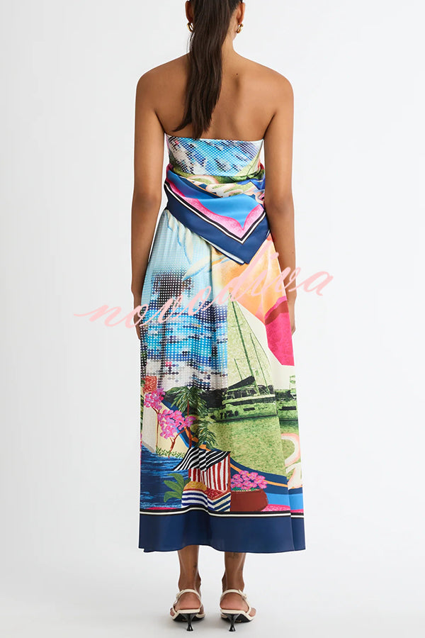 Seaside Holiday Satin Unique Print Knotted Scarf Top and Elastic Waist Loose Maxi Skirt Set