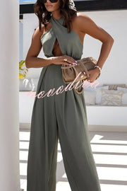 Easy Mode Cross-neck Halter Strap Backless Wide Leg Jumpsuit