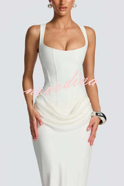 Larrah Square Neck Back Lace-up Satin Drape Hem Maxi Dress