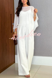Vanie Chiffon Cape Batwing Sleeve Top and High Waist Pocket Wide Leg Pants Set