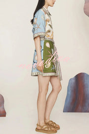 Deep Sea Dreaming Linen Blend Unique Print Tie-up Pocketed Shirt Mini Dress