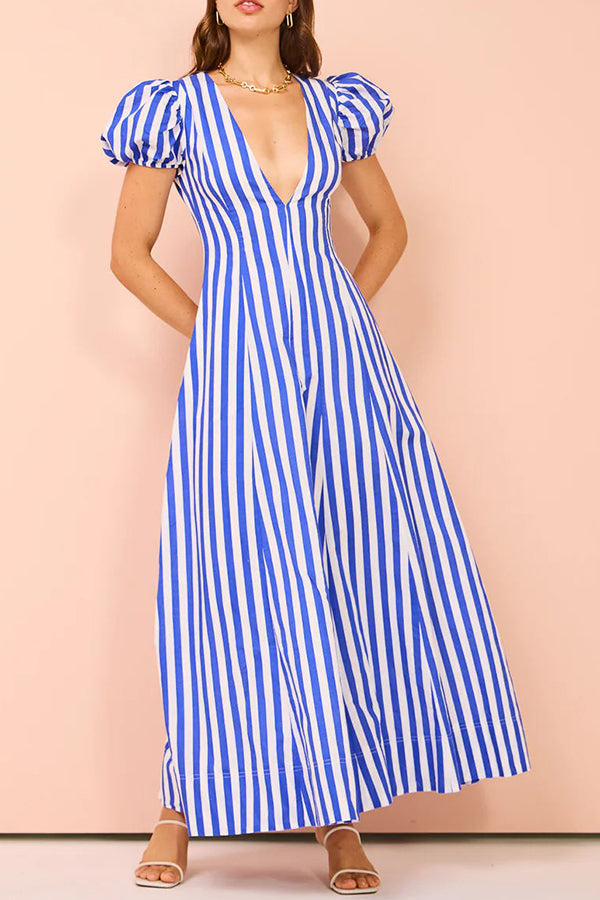 Indulge in Timeless Striped Print Puff Sleeve Pocketed Wavy Maxi Dress