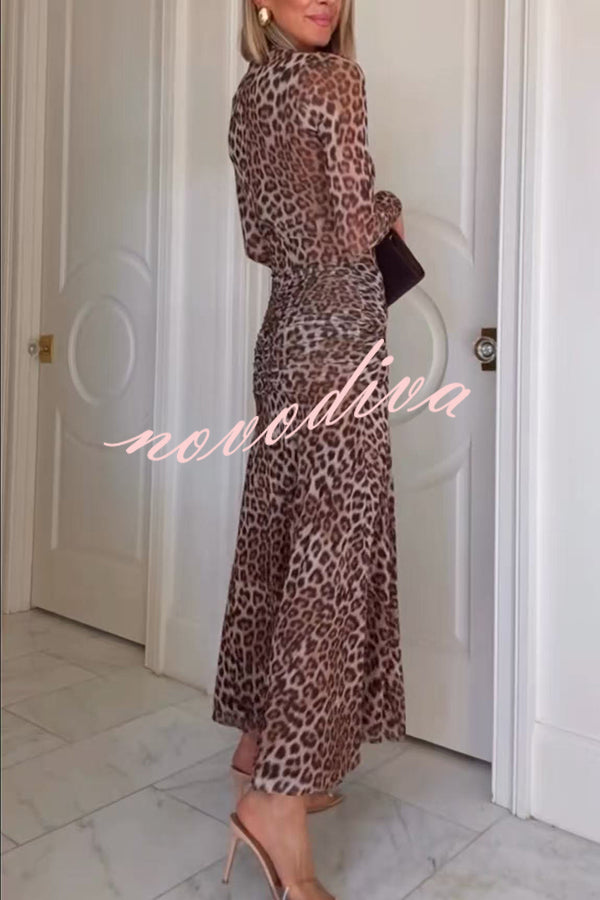 Revina Mesh Leopard Print Mock Neck Gathered Waist Long Sleeve Stretch Midi Dress