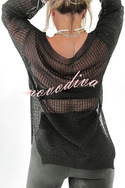 Solid Color Loose Long Sleeve Hollow Knit Cover-up Top