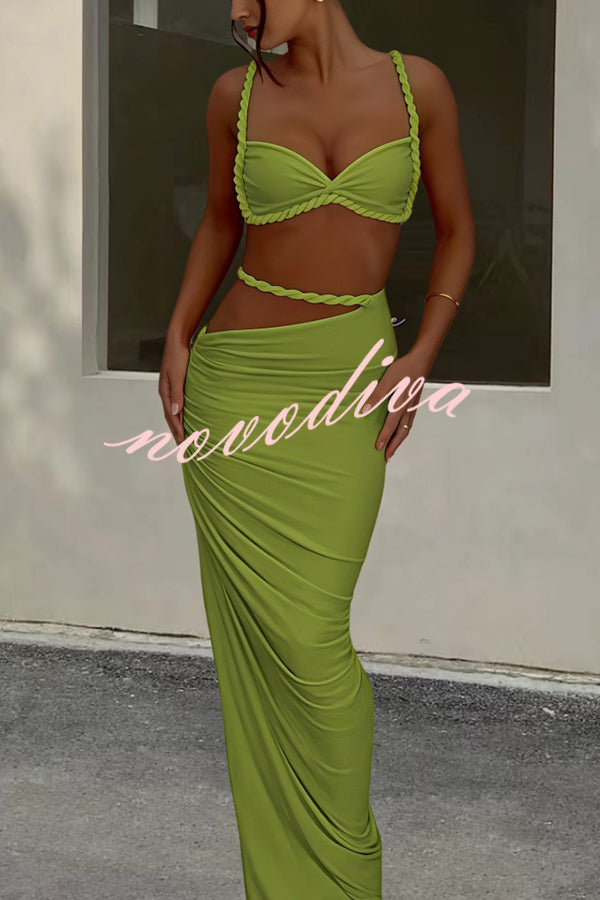 Sexy Halter Back Braided Suspender Top and Beach Holiday Style Hip-wrapped Maxi Skirt Set