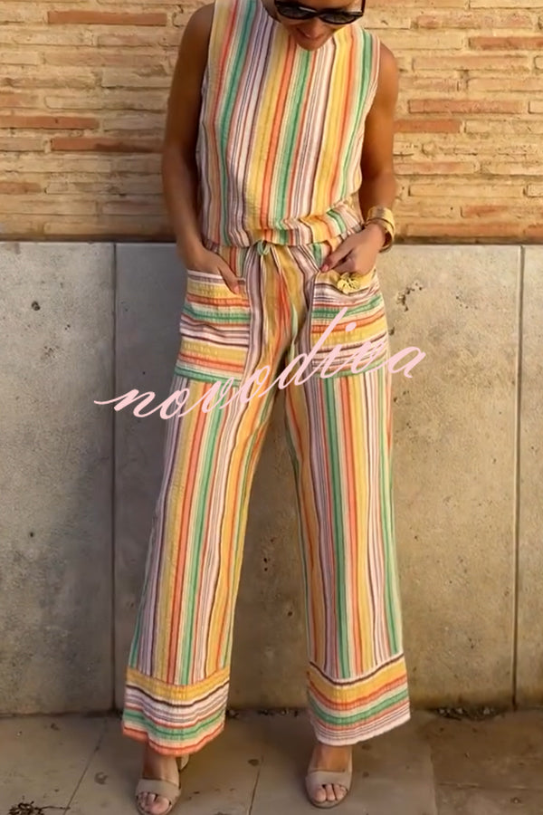 Tylah Linen Blend Colorful Striped Back Button Vest and Elastic Waist Pocket Loose Pants Set