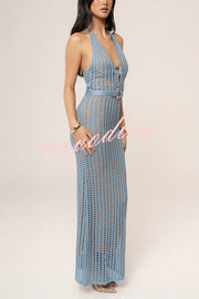 Ocean Dream Crochet Knit Golden Decoration Halter Stretch Maxi Dress