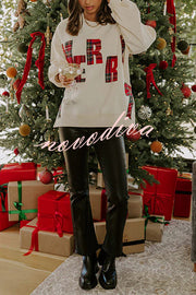 Merry Plaid Embroidered Bow Long-Sleeve Loose Sweatshirt