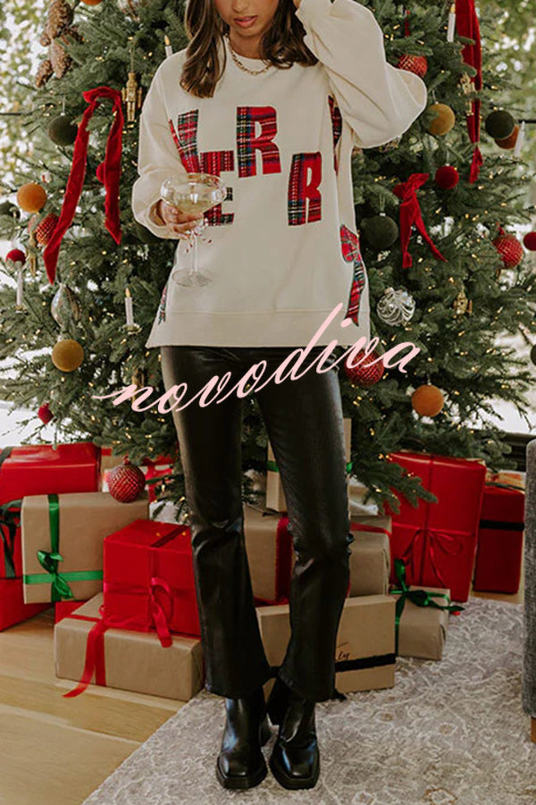 Merry Plaid Embroidered Bow Long-Sleeve Loose Sweatshirt