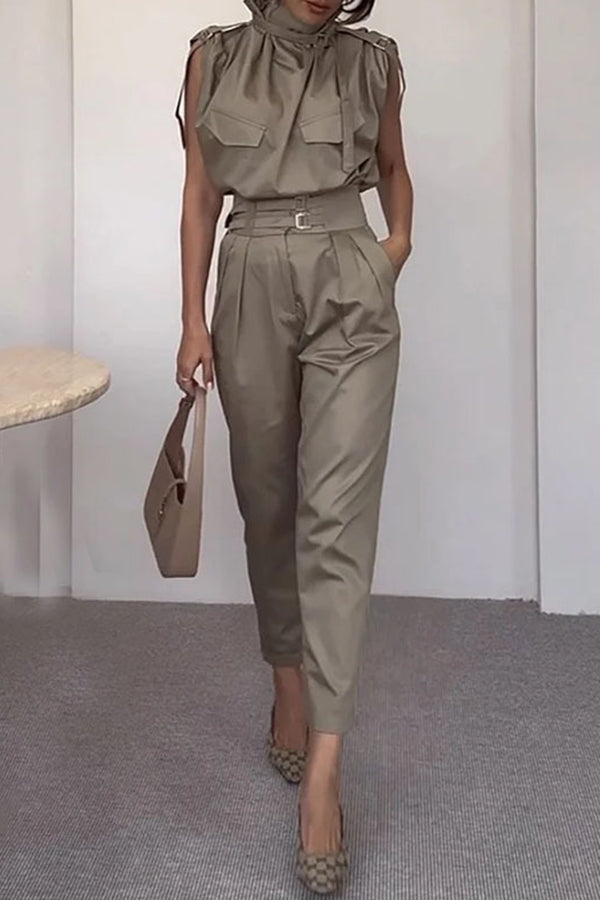 Statement Breast Pocket High Neck Top and Side Pocket Belt Long Pant Set