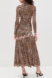 Revina Mesh Leopard Print Mock Neck Gathered Waist Long Sleeve Stretch Midi Dress