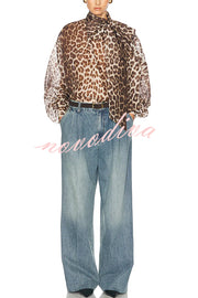 Arianne Chiffon Leopard Print Bow Neck Long Balloon Sleeve Loose Blouse