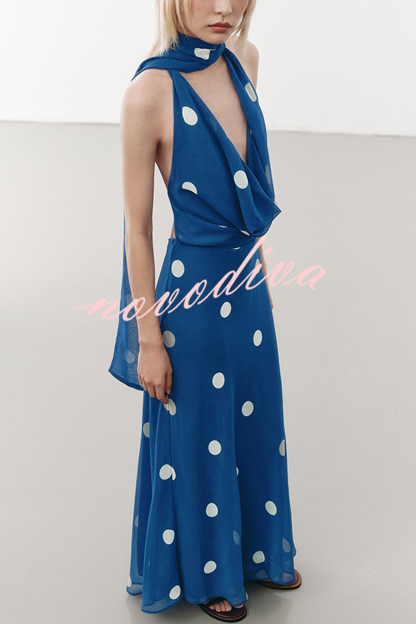 Fashion Polka Dot Print Sexy Halter Neck Backless Maxi Dress