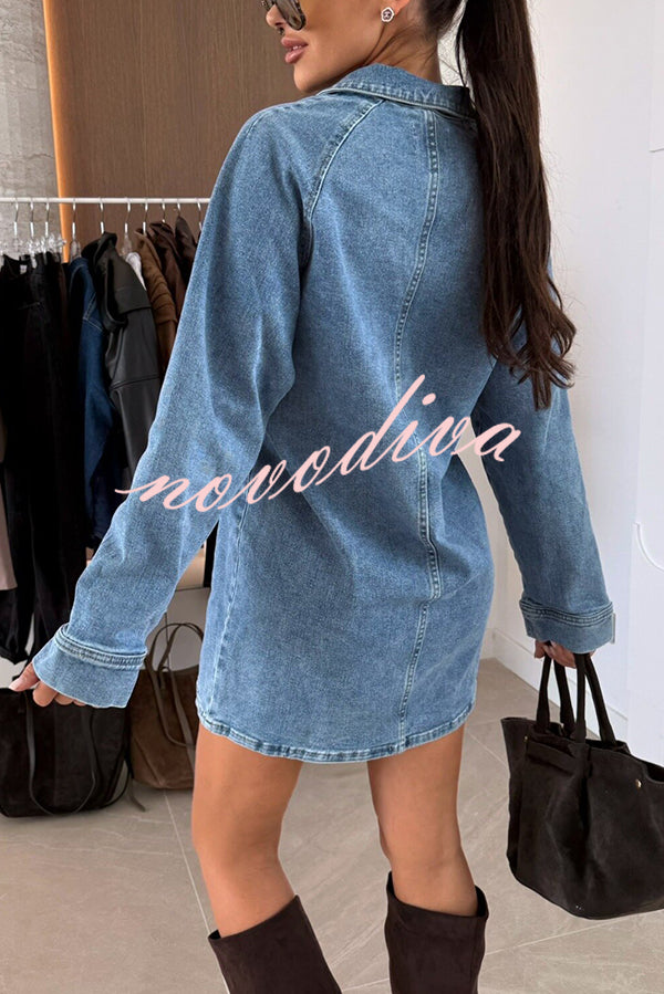 Fashion Lapel Long Sleeve Loose Denim Mini Dress