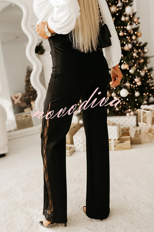 Joelie High Rise Elastic Waistband Side Lace Patchwork Flare Pants