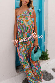 Rainbow Breeze Satin Unique Print Bow One Shoulder Loose Maxi Dress