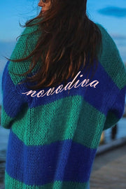 Fashionable Contrast Stripes Lazy Style Loose Long Knitted Cardigan