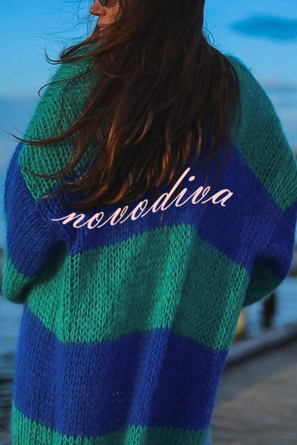 Fashionable Contrast Stripes Lazy Style Loose Long Knitted Cardigan