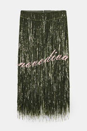 Party Crasher Layered Sequined Tassels High Rise Back Zipper Midi Skirt