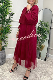Fenna Ribbed Sequin Trim Batwing Sleeve Sweater and Pleated Tulle Stretch Tank Midi Dress Two-piece Set