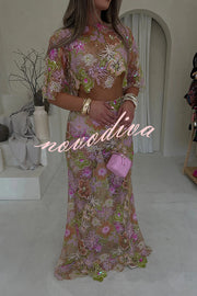 Fashionable Embroidered Flower Sequined Crop Top and Elegant Sheer Maxi Skirt Set