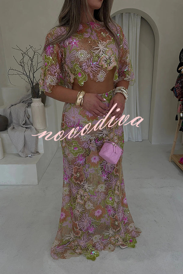 Fashionable Embroidered Flower Sequined Crop Top and Elegant Sheer Maxi Skirt Set