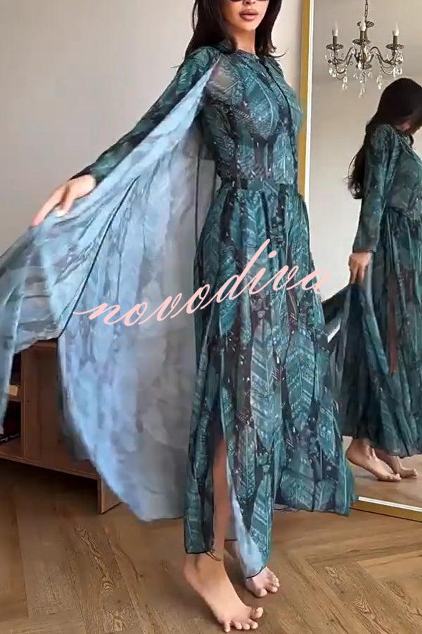 Unique Print One-piece Swimsuit and Cardigan and High Rise Pants Three-piece Set
