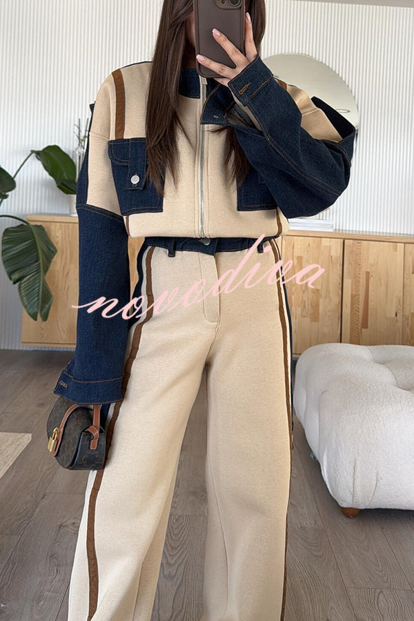Chill Whispers Denim Patchwork Sweatshirt Fabric Zipper Long Sleeve Pocket Loose Jacket