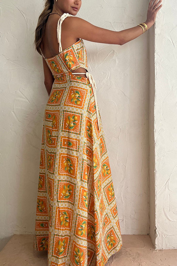 Orange Summer Printed Linen Blend Cutout Tie-up Design Maxi Dress