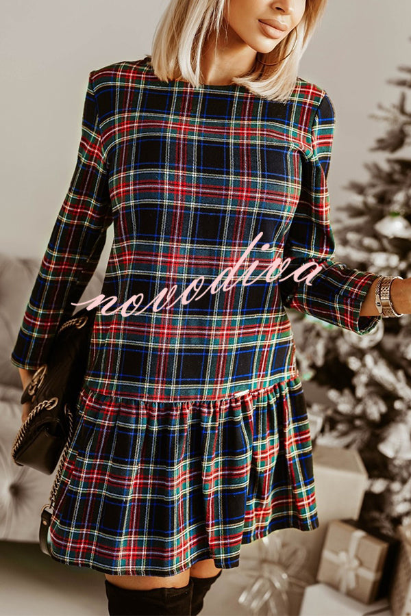 Fashionable Plaid Print Long Sleeve Round Neck Slim Fit Mini Dress