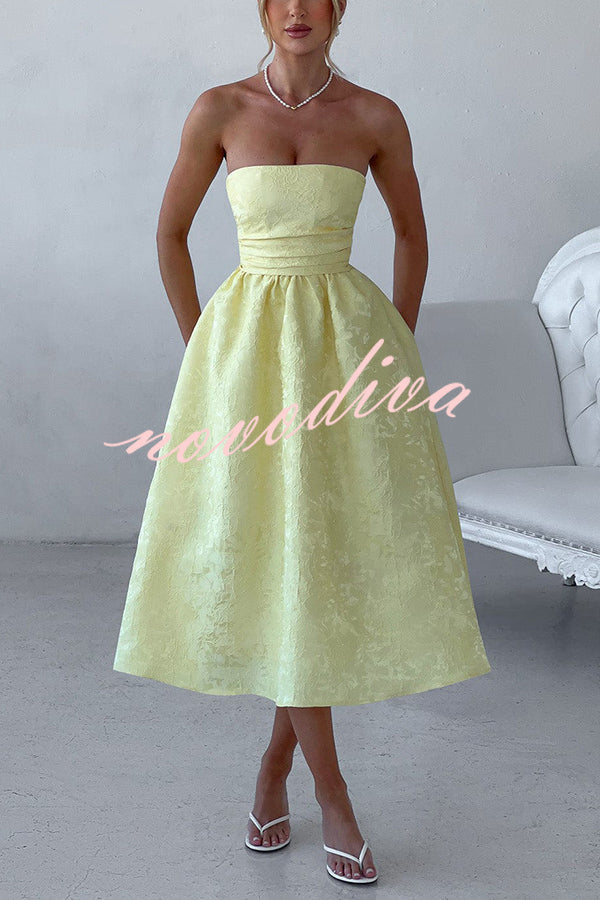 Jacquard Fabric Strapless Open Back Elegant Slim Midi Dress