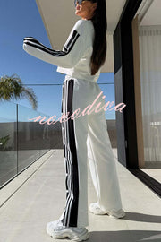 Sporty Chic Striped Patchwork Sweatshirt and Elastic Waist Side Button Up Loose Pants Set