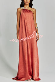 Charming Glance Satin Metal Hardware One Shoulder Loose Maxi Dress